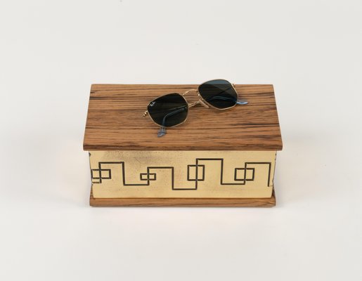 Rectangular Decorative Box in Brass and Wood, 1970s-LYQ-1792752