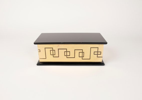 Rectangular Decorative Box in Solid Brass and Lacquered Wood, Italy, 1970s-LYQ-1312821