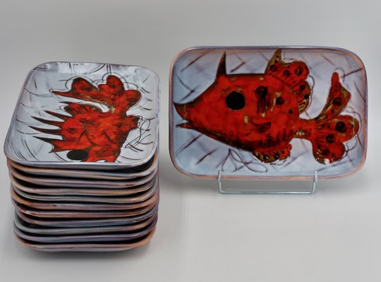 Rectangular Plates with Fish and Crustacean Motif by Monique Brunner, 1960s, Set of 12-EIA-1802147