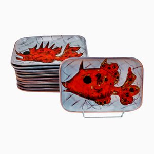 Rectangular Plates with Fish and Crustacean Motif by Monique Brunner, 1960s, Set of 12-EIA-1802147