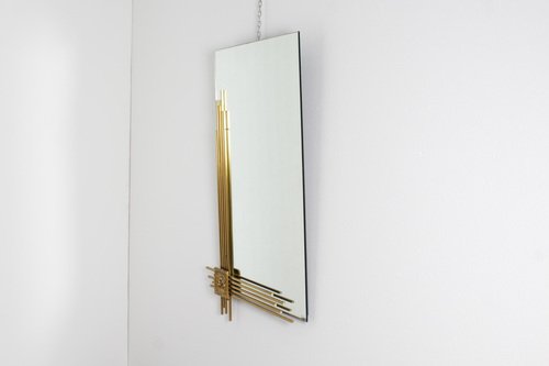 Rectangular Wall Mirror with Golden Brass Frame attributed to Angelo Brotto for Esperia, Italy, 1970