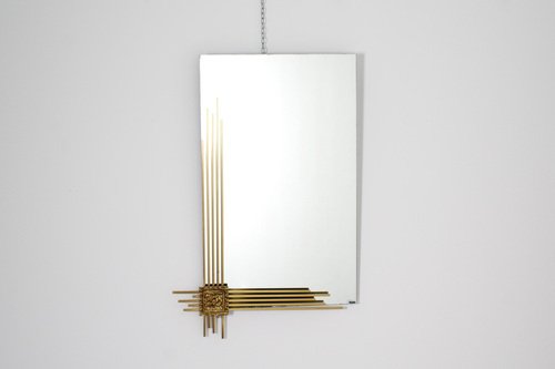 Rectangular Wall Mirror with Golden Brass Frame attributed to Angelo Brotto for Esperia, Italy, 1970