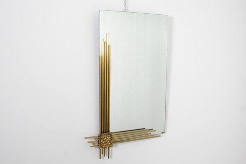 Rectangular Wall Mirror with Golden Brass Frame attributed to Angelo Brotto for Esperia, Italy, 1970