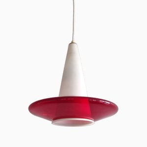 Red and Opaline Glass Pendant Lamp, 1960s-NV-1765256