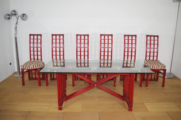 Red Bamboo Table & Chairs by Arturo Pozzoli, 1980s, Set of 7-KNM-1231129