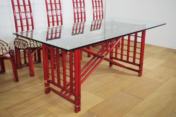 Red Bamboo Table & Chairs by Arturo Pozzoli, 1980s, Set of 7-KNM-1231129