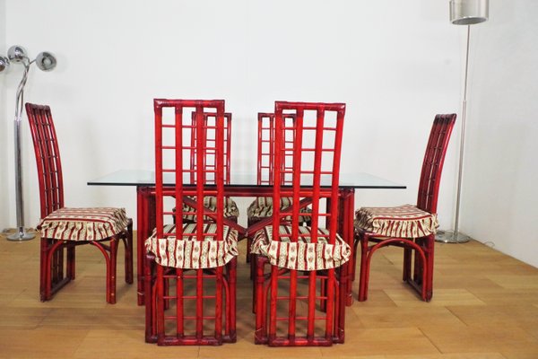 Red Bamboo Table & Chairs by Arturo Pozzoli, 1980s, Set of 7-KNM-1231129