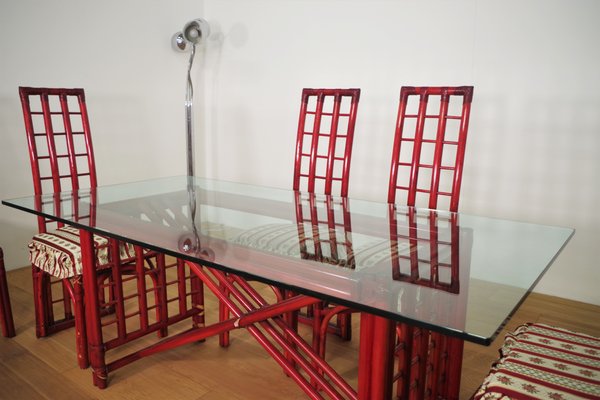 Red Bamboo Table & Chairs by Arturo Pozzoli, 1980s, Set of 7-KNM-1231129