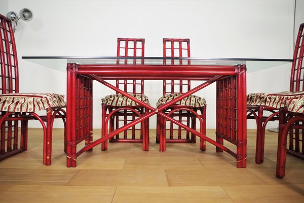 Red Bamboo Table & Chairs by Arturo Pozzoli, 1980s, Set of 7-KNM-1231129