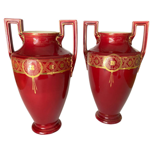 Red Cobalt Urns Vase with Ceramic Handles and Gilted Decorations, Set of 2