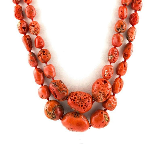 Red Coral, Diamond, Rose Gold and Silver Double Strand Necklace