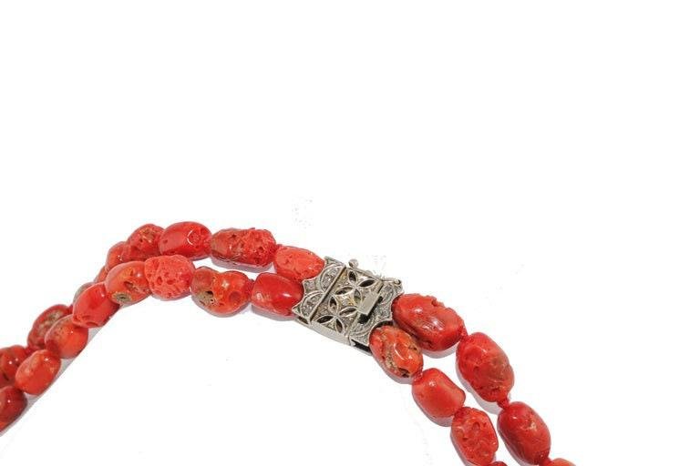 Red Coral, Diamond, Rose Gold and Silver Double Strand Necklace