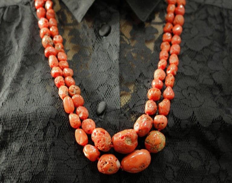 Red Coral, Diamond, Rose Gold and Silver Double Strand Necklace