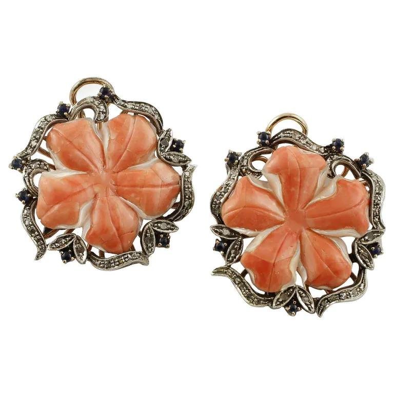 Red Coral Flower, Diamond, Blue Sapphire, 9K Rose Gold and Silver Earrings, Set of 2