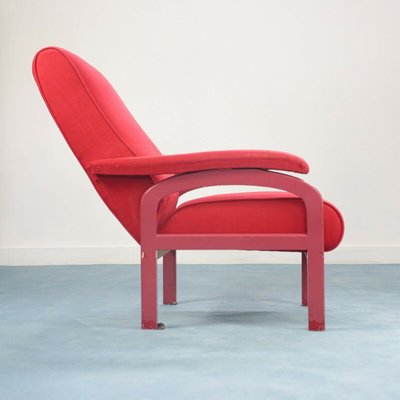 Red Fabric and Wood Reclining Lounge Chair, 1970s-ZLY-628663