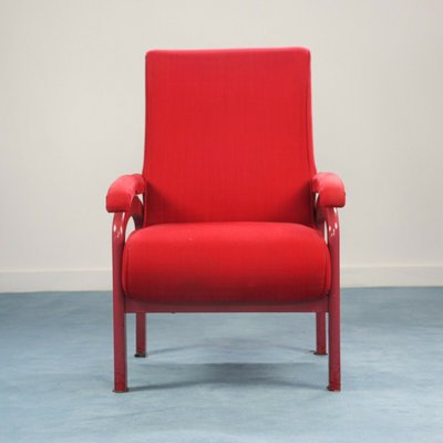 Red Fabric and Wood Reclining Lounge Chair, 1970s-ZLY-628663