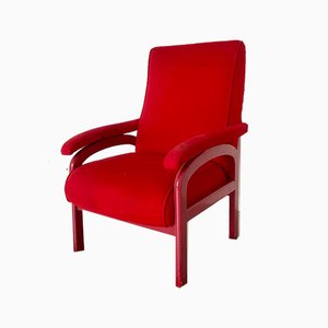 Red Fabric and Wood Reclining Lounge Chair, 1970s-ZLY-628663