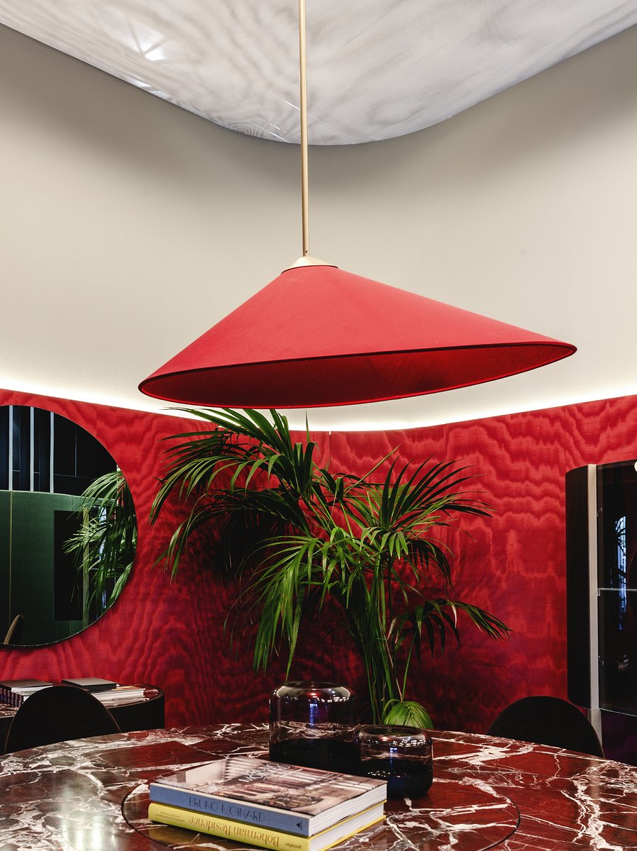 Red Fabric & Brass Shell Pendant Lamp by Daniel Nikolovski & Danu Chirinciuc for KABINET