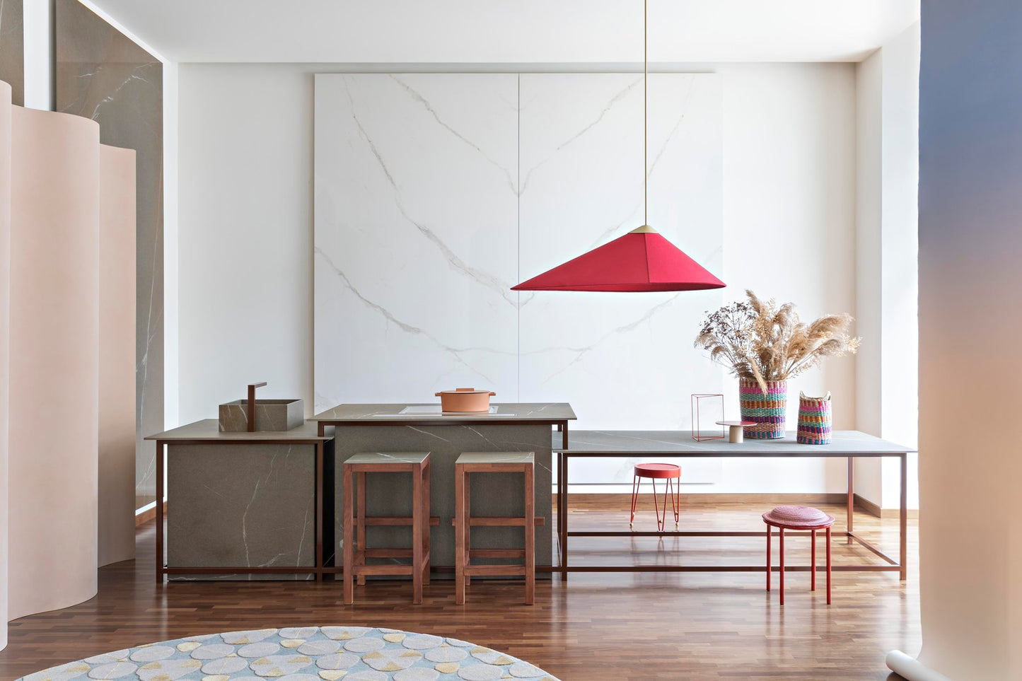 Red Fabric & Brass Shell Pendant Lamp by Daniel Nikolovski & Danu Chirinciuc for KABINET