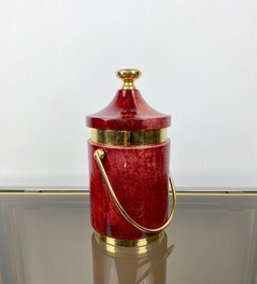 Red Goatskin & Brass Ice Bucket by Aldo Tura, Italy, 1960s-LYQ-1171550