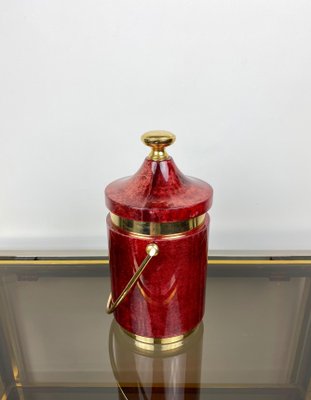 Red Goatskin & Brass Ice Bucket by Aldo Tura, Italy, 1960s-LYQ-1171550