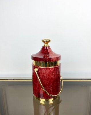 Red Goatskin & Brass Ice Bucket by Aldo Tura, Italy, 1960s-LYQ-1171550