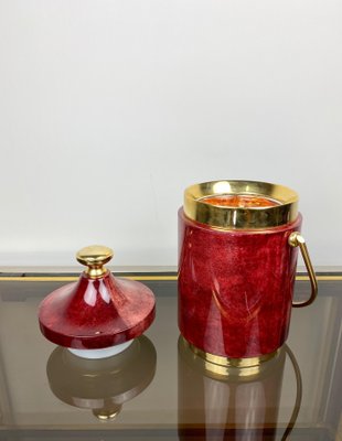 Red Goatskin & Brass Ice Bucket by Aldo Tura, Italy, 1960s-LYQ-1171550