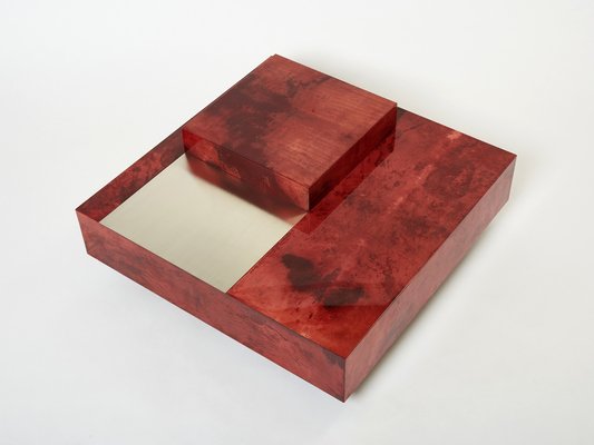 Red Goatskin Parchment and Steel Bar Coffee Table by Aldo Tura, 1960-YJA-1353260