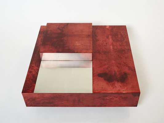 Red Goatskin Parchment and Steel Bar Coffee Table by Aldo Tura, 1960-YJA-1353260