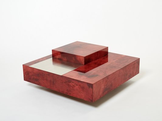 Red Goatskin Parchment and Steel Bar Coffee Table by Aldo Tura, 1960-YJA-1353260