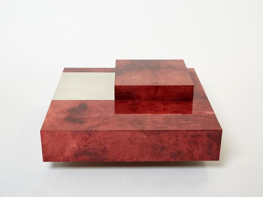 Red Goatskin Parchment and Steel Bar Coffee Table by Aldo Tura, 1960-YJA-1353260