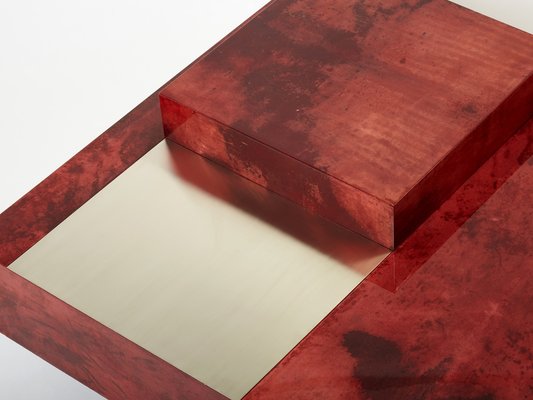 Red Goatskin Parchment and Steel Bar Coffee Table by Aldo Tura, 1960-YJA-1353260