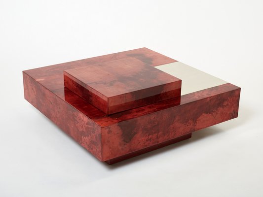 Red Goatskin Parchment and Steel Bar Coffee Table by Aldo Tura, 1960-YJA-1353260