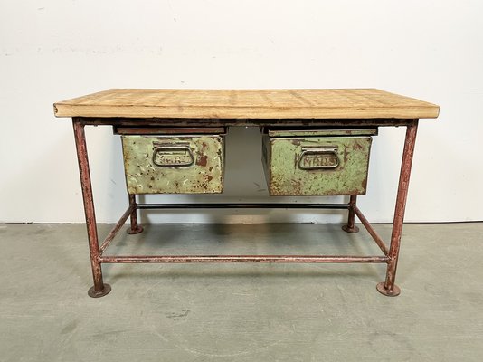 Red Industrial Worktable with Two Green Iron Drawers, 1960s-CGF-1404828