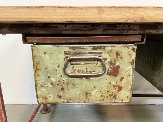 Red Industrial Worktable with Two Green Iron Drawers, 1960s-CGF-1404828