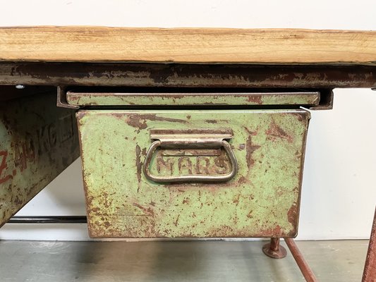 Red Industrial Worktable with Two Green Iron Drawers, 1960s-CGF-1404828