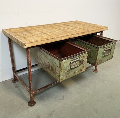 Red Industrial Worktable with Two Green Iron Drawers, 1960s-CGF-1404828