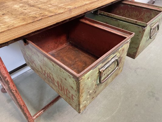 Red Industrial Worktable with Two Green Iron Drawers, 1960s-CGF-1404828