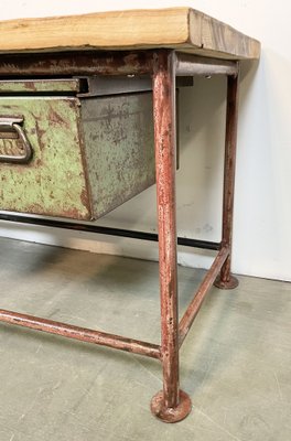 Red Industrial Worktable with Two Green Iron Drawers, 1960s-CGF-1404828