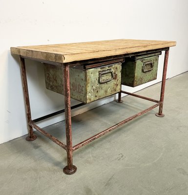 Red Industrial Worktable with Two Green Iron Drawers, 1960s-CGF-1404828