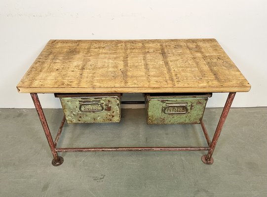 Red Industrial Worktable with Two Green Iron Drawers, 1960s-CGF-1404828