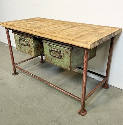 Red Industrial Worktable with Two Green Iron Drawers, 1960s-CGF-1404828