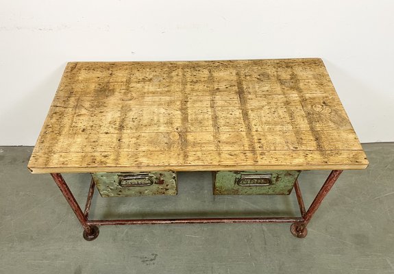 Red Industrial Worktable with Two Green Iron Drawers, 1960s-CGF-1404828