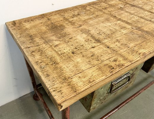 Red Industrial Worktable with Two Green Iron Drawers, 1960s-CGF-1404828