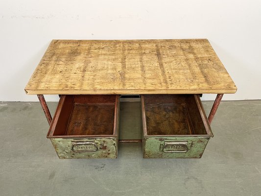 Red Industrial Worktable with Two Green Iron Drawers, 1960s-CGF-1404828