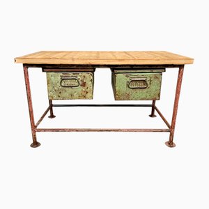 Red Industrial Worktable with Two Green Iron Drawers, 1960s-CGF-1404828