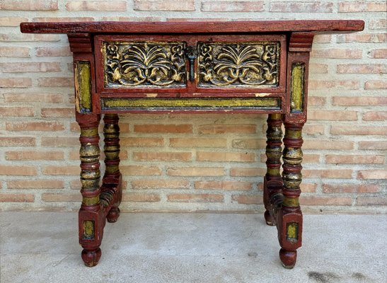 Red Lacquered Console Table with Gilt Accents and Carved Apron, 1940s-NOU-2034027