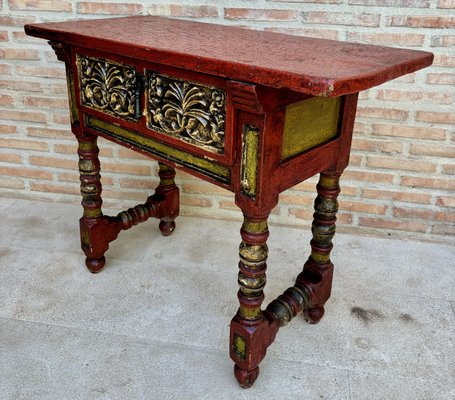 Red Lacquered Console Table with Gilt Accents and Carved Apron, 1940s-NOU-2034027