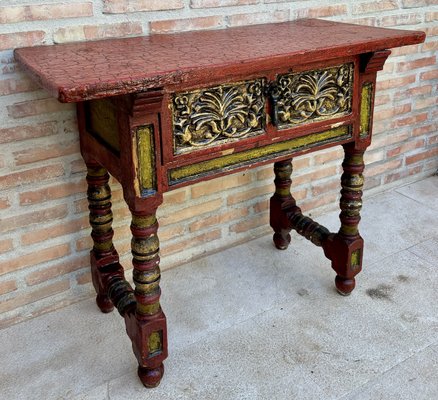 Red Lacquered Console Table with Gilt Accents and Carved Apron, 1940s-NOU-2034027