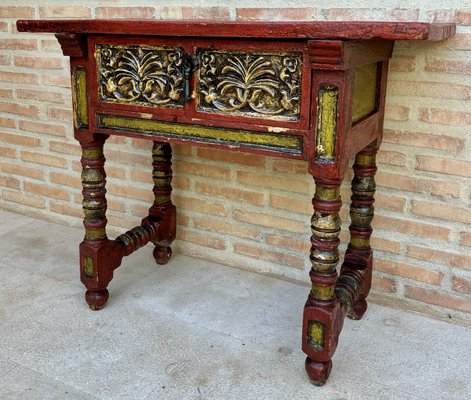 Red Lacquered Console Table with Gilt Accents and Carved Apron, 1940s-NOU-2034027